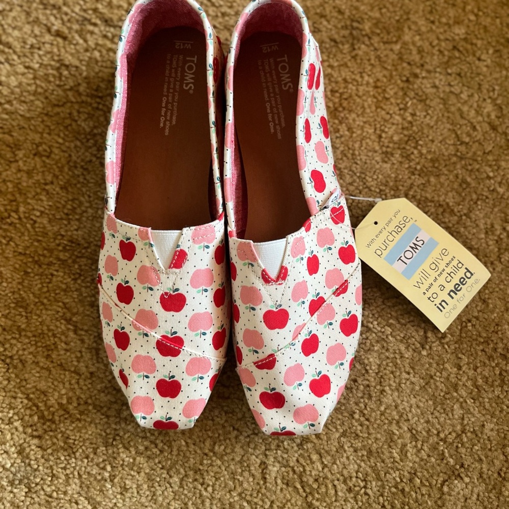 TOMS Natural Canvas Slip-Ons with Red & Pink Apple Print